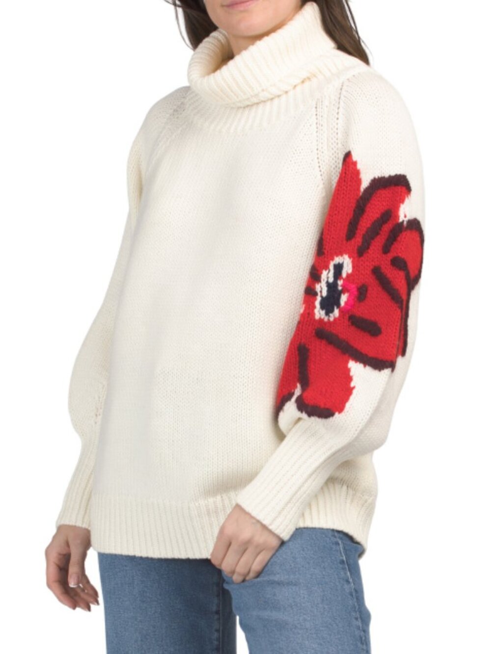 REBECCA TAYLOR Merino Wool Blend Botanical Intarsia Turtleneck Sweater